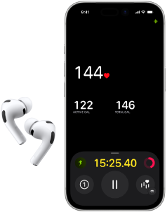 AirPods Pro 3, lower half of iPhone 17 Pro screen, Fitness app displaying heart rate