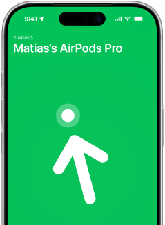 iPhone 17 Pro, Find My with Precision Finding screen, text: Matias's AirPods Pro