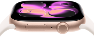 Apple Watch Series 11, aluminium rose gold case, Responsive Art watch face, right side exterior: Digital Crown, microphone, side button, light blush Sport Band