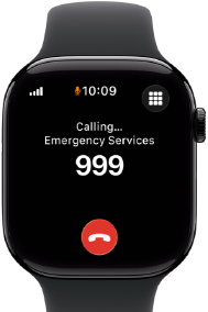 Apple Watch Series 11, aluminium jet black case, emergency call to 911 on screen, right side exterior: Digital Crown, black Sport Band