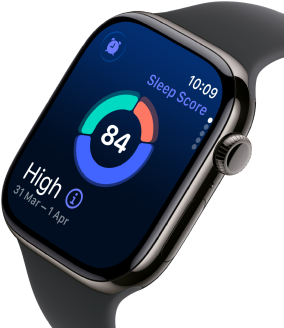Up close Apple Watch Series 11 with a titanium slate case, showing sleep score on screen