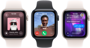 Three Apple Watch SE 3 devices next to each other, one showing the Apple Music app, one showing an incoming phone call and one showing an iMessage exchange