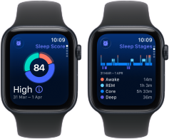 Two Apple Watch SE 3 devices with Midnight aluminium cases showing sleep score and a possible sleep apnoea alert on screens