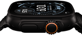 Apple Watch Ultra 3, side exterior, black titanium case, compass on Orienteering watch face, side button and digital crown