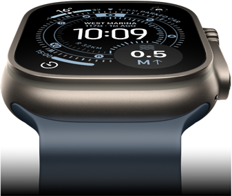 Apple Watch Ultra 3 tilted forward, natural titanium case, compass on Orienteering watch face, anchor blue Ocean Band