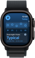 Apple Watch Ultra 3, titanium natural case, sleep score screen, breakdown in circle graph, score in centre, strap, blue Trail Loop