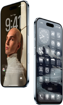 Two iPhone Air devices, front exterior, side exterior, thin profile, Lock Screen, visual intelligence feature in use