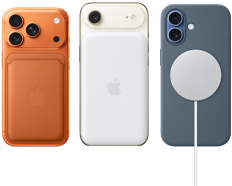 iPhone 17 Pro, back exterior, Cosmic Orange colour, with FineWoven Wallet with MagSafe in Fox Orange colour; iPhone Air, back exterior, Light Gold colour, with Magsafe Battery; iPhone 17, back exterior, Mist Blue colour, with Silicone Case in Anchor Blue colour and MagSafe Charger