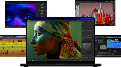 A variety of colourful screen content from music production to video editing, 3D animation and photo editing apps on Mac, demonstrating powerful graphics performance