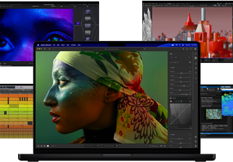 A variety of colourful screen content from music production to video editing, 3D animation and photo editing apps on Mac, demonstrating powerful graphics performance