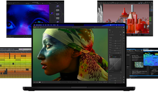 A variety of colourful screen content from music production to video editing, 3D animation and photo editing apps on Mac, demonstrating powerful graphics performance