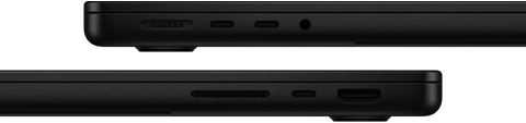 Showing the ports on MacBook Pro — left side: MagSafe 3, two Thunderbolt ports and headphone jack — right side: SDXC card slot, one Thunderbolt port and HDMI